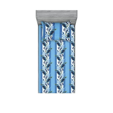Leafy Design Fitted Sheet & Pillow Sham Set, Vertical Pattern of Winter Colors Leaves on Striped Background, Decorative Printed 2 Piece Bedding Decor, Twin, Sea Blue Pale Azure Blue, by Ambesonne