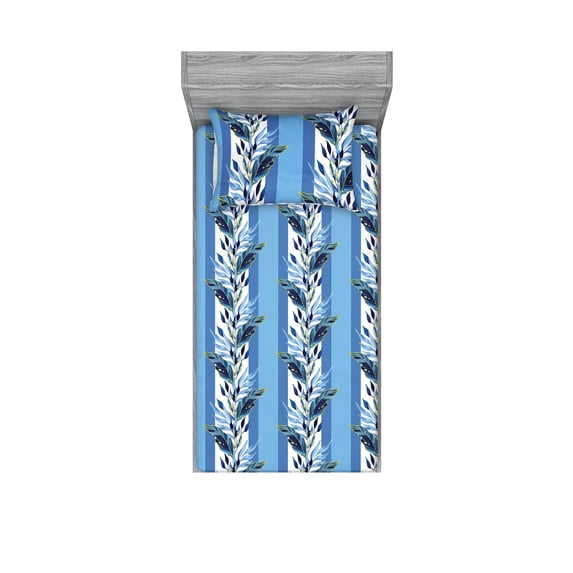 Leafy Design Fitted Sheet & Pillow Sham Set, Vertical Pattern of Winter Colors Leaves on Striped Background, Decorative Printed 2 Piece Bedding Decor, Twin, Sea Blue Pale Azure Blue, by Ambesonne