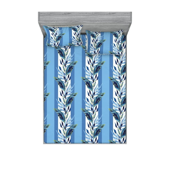 Leafy Design Fitted Sheet & Pillow Sham Set, Vertical Pattern of Winter Colors Leaves on Striped Background, Decorative Printed 3 Piece Bedding Decor, Queen, Sea Blue Pale Azure Blue, by Ambesonne