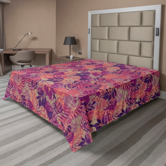 Ambesonne Leafy Design Flat Bedding Sheet Soft Top Sheet, Pop Art Colors Leaves, King, Magenta Pale Lilac Indigo