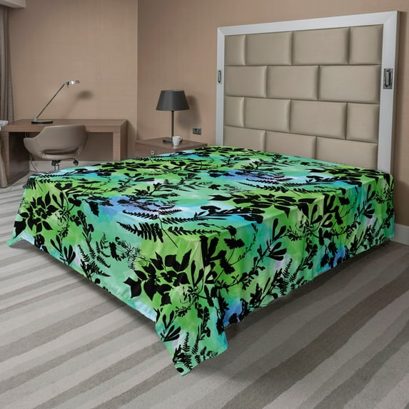 Ambesonne Leafy Design Flat Bedding Sheet Soft Top Sheet, Tropical Silhouettes, Full, Charcoal Grey Lime Green