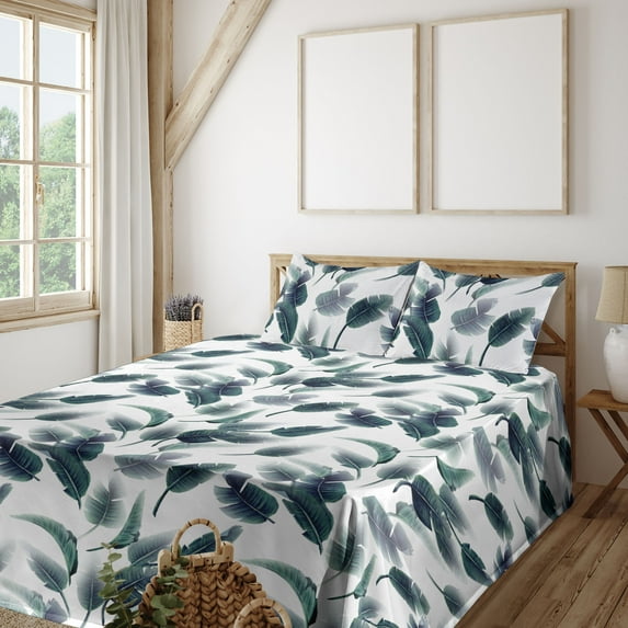 Ambesonne Leafy Design Fitted & Flat Sheet with Shams 4 Pcs Set, Boho Tropical Leaves, Full, Dark Teal Ivory