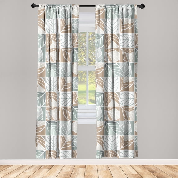 Leafy Design Window Curtains, Pop Art Inspired Modern Neutral Boho Leaves Outlines in Squares Print, Lightweight Decor 2-Panel Set with Rod Pocket, Pair of - 28"x63", Caramel Cadet Blue, by Ambesonne