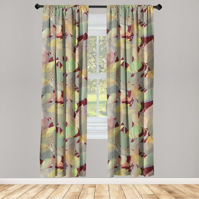 Leafy Design Window Curtains, Tropical Inspiration Leaves Greenery with Soft Colors Bohemian Art, Lightweight Decor 2-Panel Set with Rod Pocket, Pair of - 28"x63", Dark Maroon Multicolor, by Ambesonne