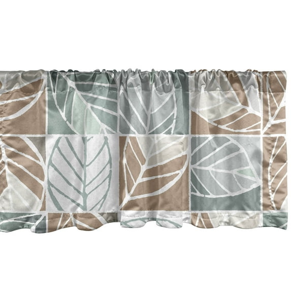 Leafy Design Window Valance, Pop Art Inspired Modern Neutral Boho Leaves Outlines in Squares Print, Curtain Valance for Kitchen Bedroom with Rod Pocket, 54" X 18", Caramel Cadet Blue, by Ambesonne