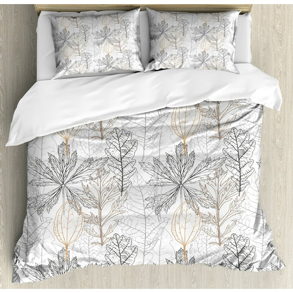 Leafy Duvet Cover Set, Outline Themed Wild Leaves Pattern in Minimal Tones, Decorative 3 Piece Bedding Set with 2 Pillow Shams, King Size, Sand Brown Warm Taupe, by Ambesonne
