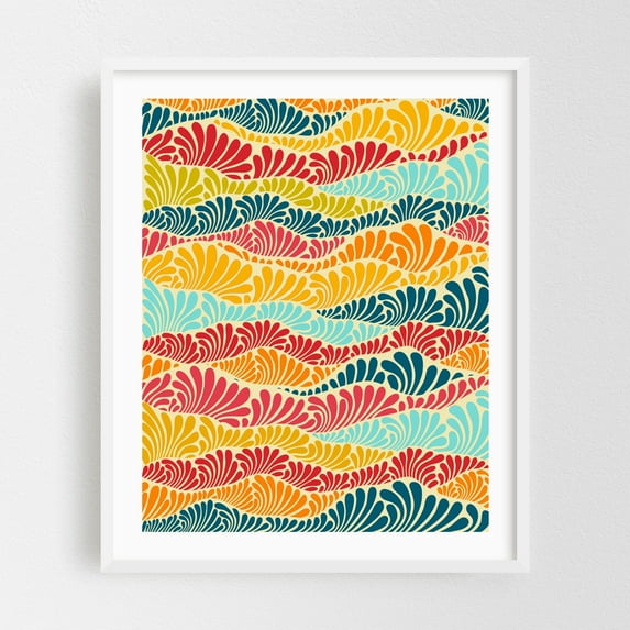 Leafy Mosaic - India Illustration Pattern Abstract Waves Modern Art Psychedelic Geometric White Framed Wall Art Print 11 x 14 inches