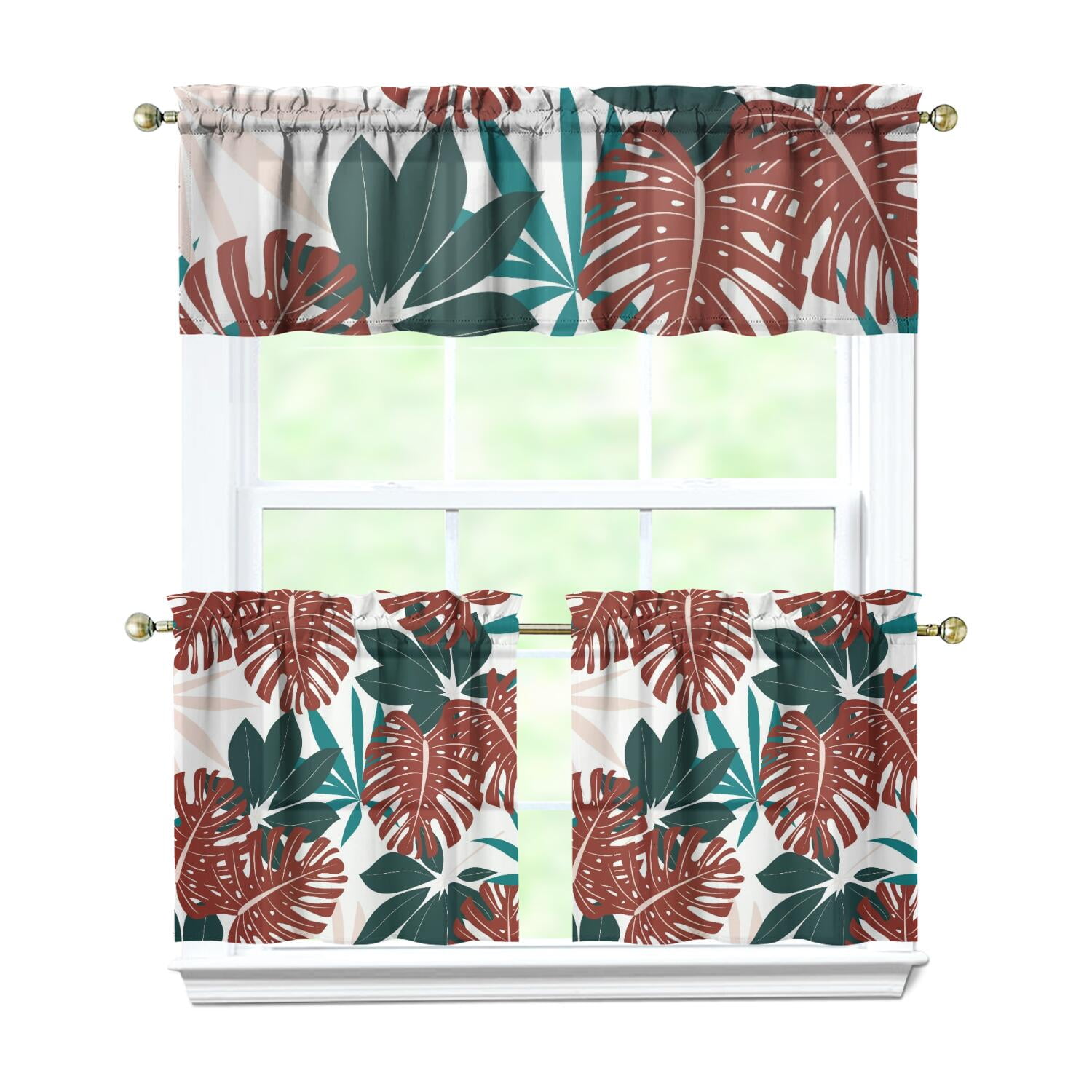 View of Leafy Palm Inspired Window Curtains - Tropical Plant Valance & Tier Panels for Farmhouse ...