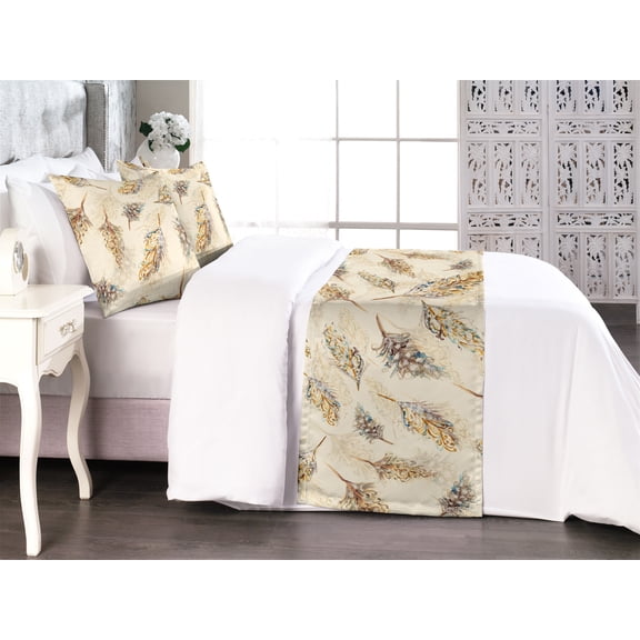 Leafy Pattern Bed Runner Set, Autumnal Colors Watercolor Drawn Peacock Flower Leaves Print, Decorative Bedding Scarf & 2 Pillow Shams for Hotels Homes, King, Pale Yellow Dark Mustard, by Ambesonne