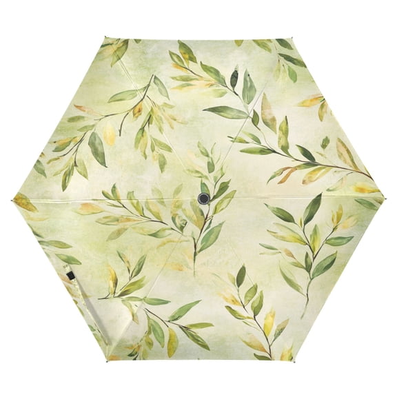 Leafy Pattern Design Folding Umbrella UV50+ Waterproof Sun Protection Auto Open Close Compact Fiberglass Frame