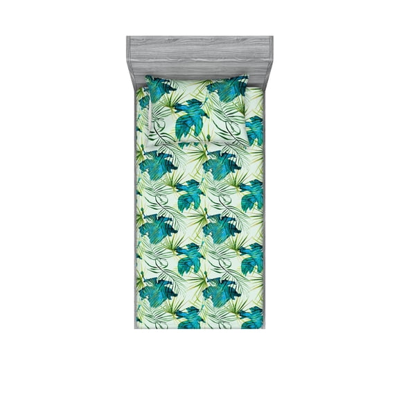Leafy Pattern Fitted Sheet & Pillow Sham Set, Abstract Boho Concept Tropical Leaves with Hibiscus Petals Print, Decorative Printed 2 Piece Bedding Decor, Twin, Sea Blue Almond Green, by Ambesonne