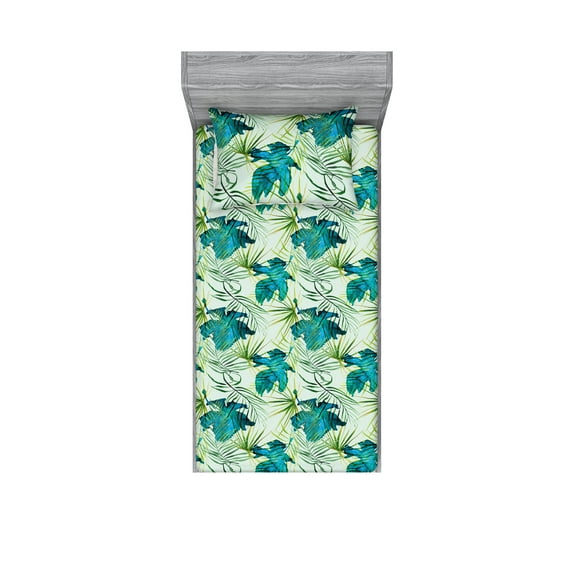 Leafy Pattern Fitted Sheet & Pillow Sham Set, Abstract Boho Concept Tropical Leaves with Hibiscus Petals Print, Decorative Printed 2 Piece Bedding Decor, Twinxl, Sea Blue Almond Green, by Ambesonne