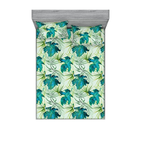 Leafy Pattern Fitted Sheet & Pillow Sham Set, Abstract Boho Concept Tropical Leaves with Hibiscus Petals Print, Decorative Printed 3 Piece Bedding Decor, King, Sea Blue Almond Green, by Ambesonne