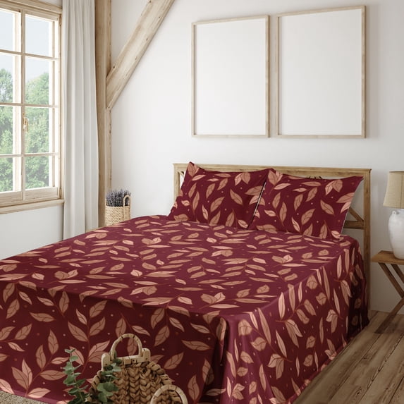 Ambesonne Leafy Pattern Fitted & Flat Sheet with Shams 4 Pcs Set, Autumn Leaves Dots, Full, Burgundy Pale Ruby