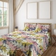 thumbnail image 1 of Ambesonne Leafy Pattern Fitted & Flat Sheet with Shams 4 Pcs Set, Pop Art Leaves Funky, King, Pastel Pink Yellow Green, 1 of 1