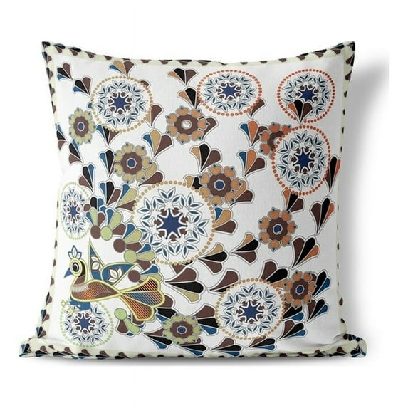 Leafy Peacock Circles Indoor/Outdoor Pillow in White 20x20