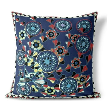 Leafy Peacock Circles Indoor/Outdoor Pillow with Removable Cover in Blue 16x16