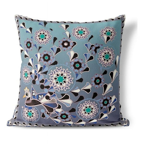 Leafy Peacock Circles Throw Pillow with Removable Cover in Blue 16x16