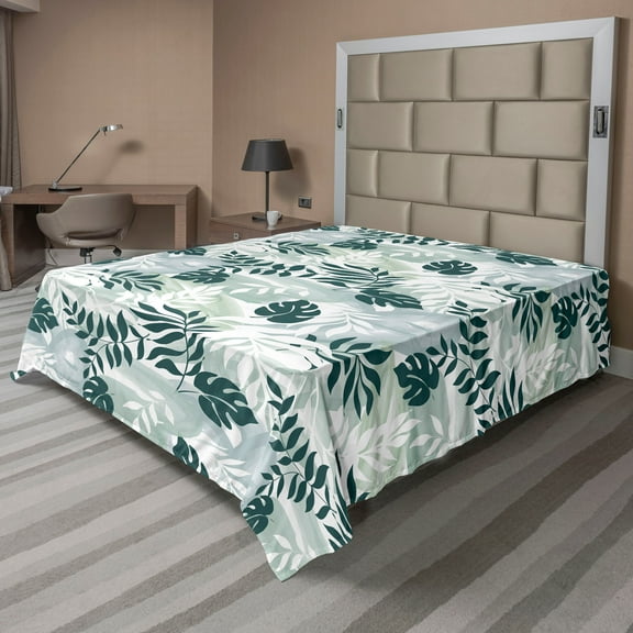 Leafy Silhouettes Flat Sheet, Tropical Boho Leaves Greenery on Brush Strokes Look Jumble Backdrop, Soft & Comfy Top Sheet Decorative Bedding 1 Piece, California King, Dark Teal White, by Ambesonne
