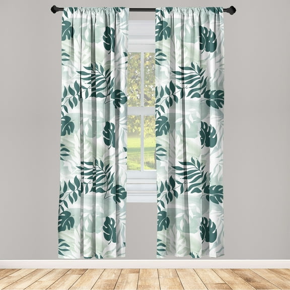 Leafy Silhouettes Window Curtains, Tropical Boho Leaves Greenery on Brush Strokes Look Jumble Backdrop, Lightweight Decor 2-Panel Set with Rod Pocket, Pair of - 28"x84", Dark Teal White, by Ambesonne