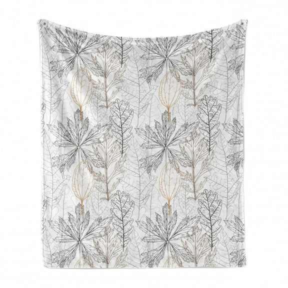 Leafy Soft Flannel Fleece Throw Blanket, Outline Themed Wild Leaves Pattern in Minimal Tones, Cozy Plush for Indoor and Outdoor Use, 70" x 90", Sand Brown Warm Taupe, by Ambesonne