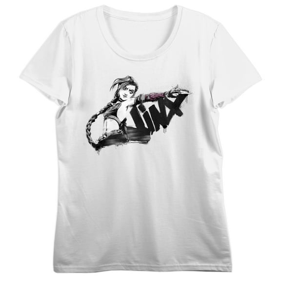 League Of Legends Arcane Jinx Graffiti Art Women's White Crew Neck Short Sleeve T-shirt-Medium