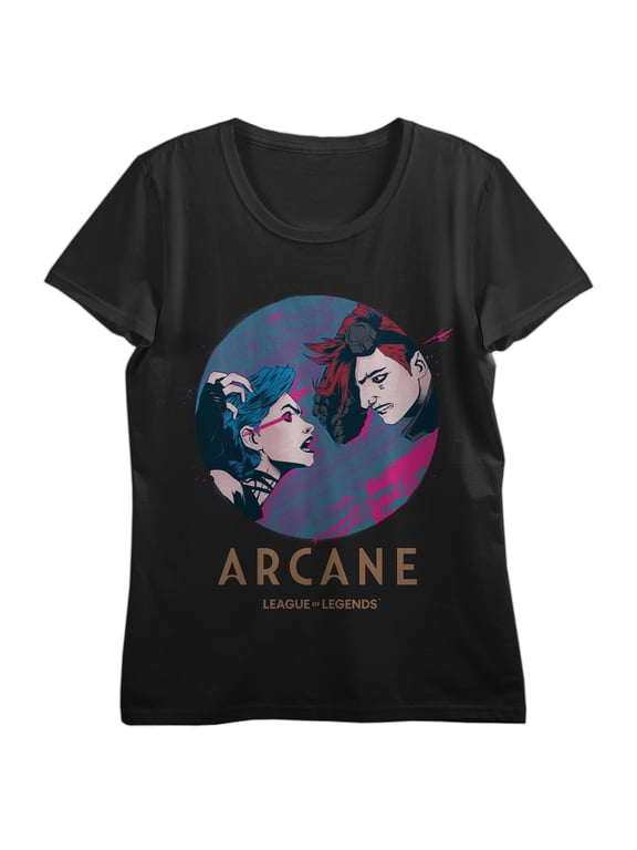 League Of Legends Arcane Jinx & Vi Confrontation Women's Black Crew Neck Short Sleeve T-shirt-Medium