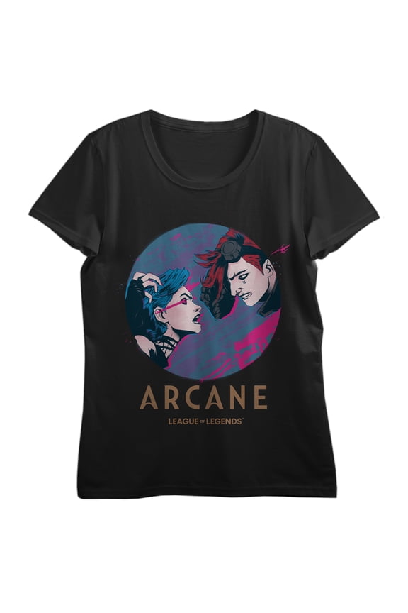 League Of Legends Arcane Jinx & Vi Confrontation Women's Black Crew Neck Short Sleeve T-shirt-Medium