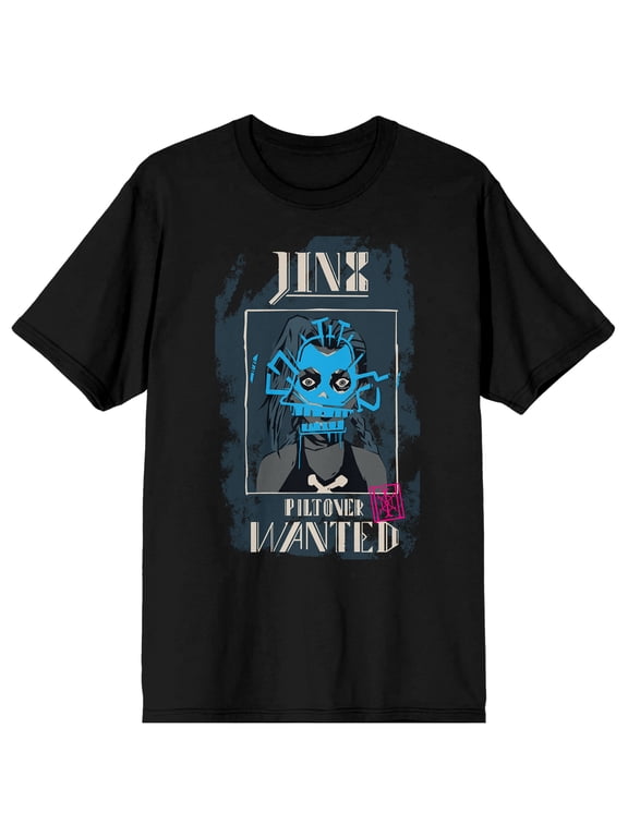League Of Legends Arcane Puff Print Jinx Wanted Poster Adult Black Crew Neck Short Sleeve T-shirt-Large