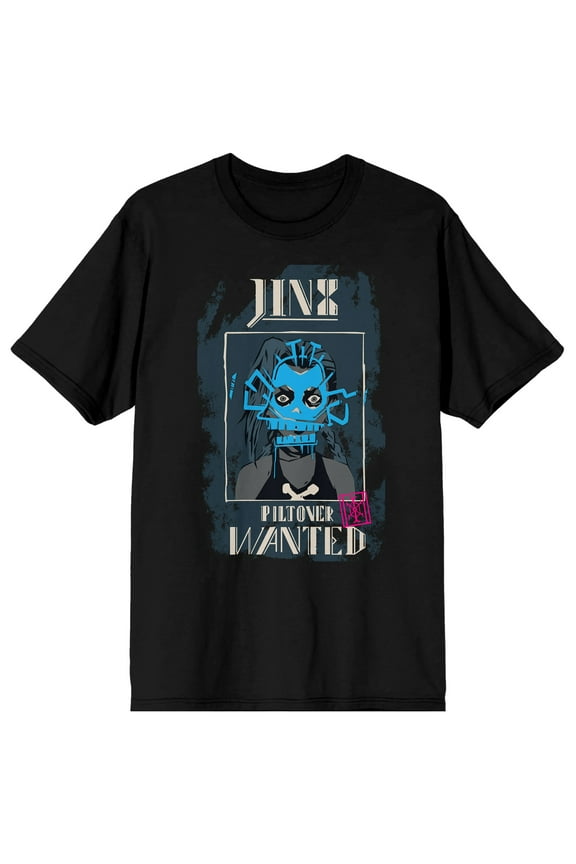 League Of Legends Arcane Puff Print Jinx Wanted Poster Adult Black Crew Neck Short Sleeve T-shirt-XL