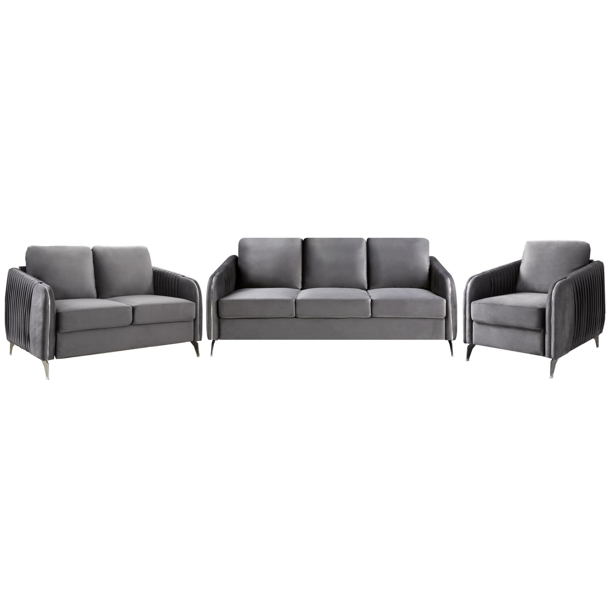 Leah 3 Piece Sofa, Loveseat, Chair Set, Vertical Quilted, Light Gray ...