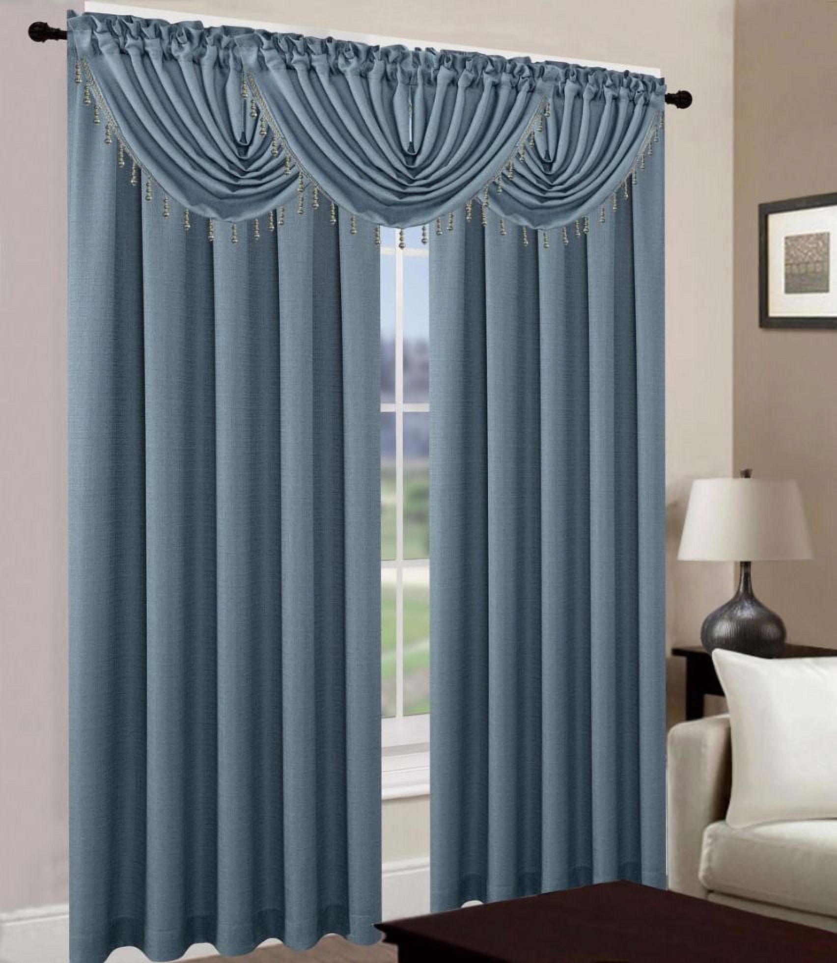Leah 5 Piece Woven Textured Curtain Set with Beaded Austrian Valances (Blue)