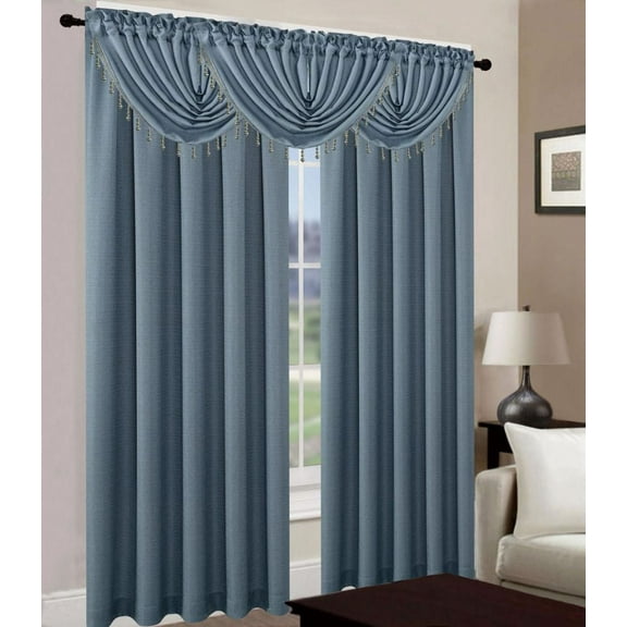 Leah 5 Piece Woven Textured Curtain Set with Beaded Austrian Valances (Blue)