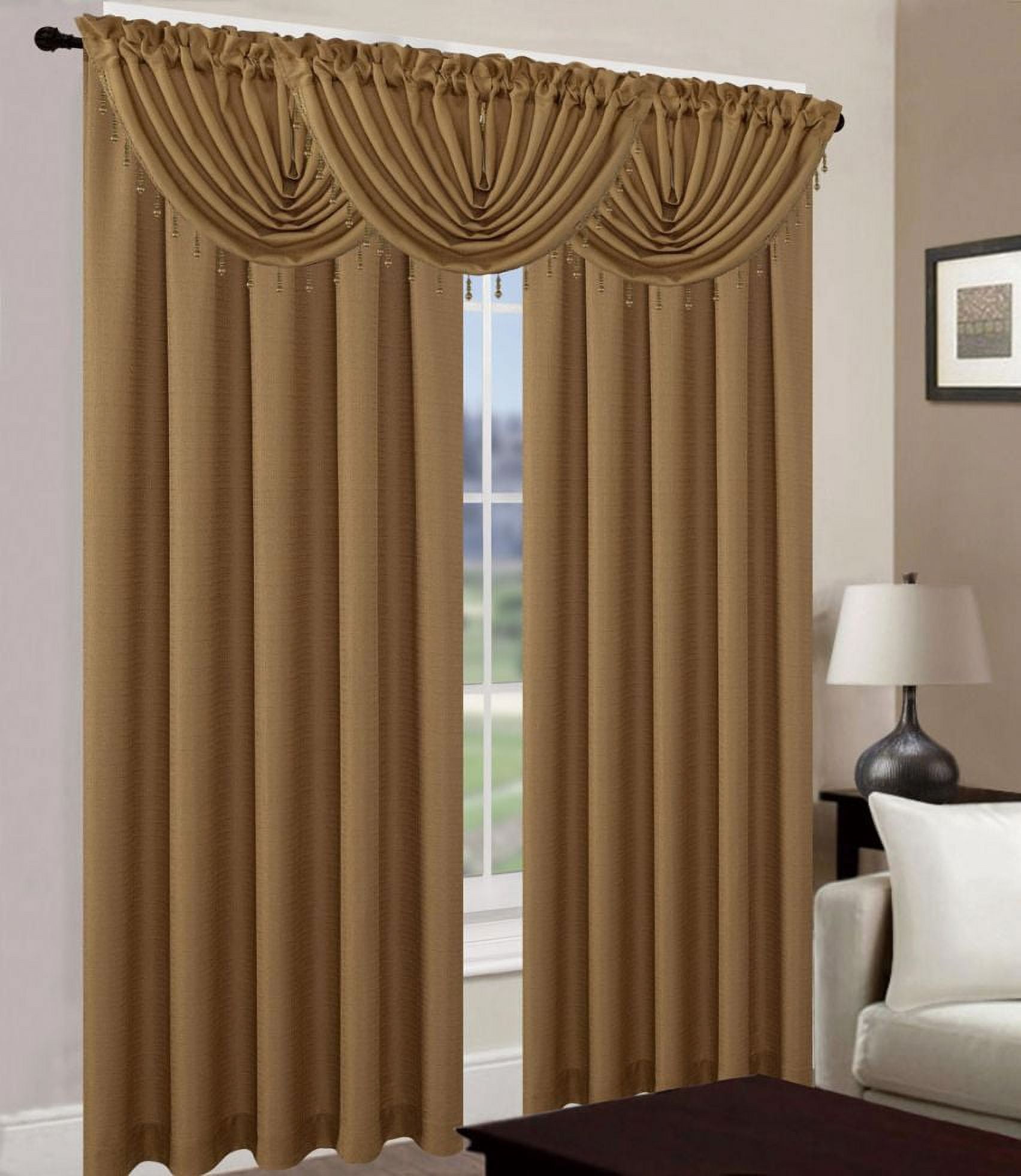 Leah 5 Piece Woven Textured Curtain Set with Beaded Austrian Valances (Gold)