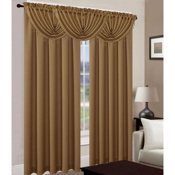 Leah 5 Piece Woven Textured Curtain Set with Beaded Austrian Valances (Gold)