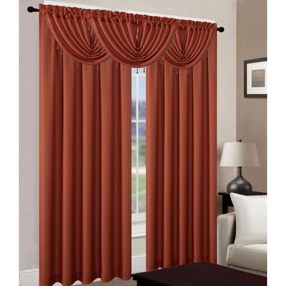 Luxury Home Textile Woven Textured Beaded Valances Rust Rod Pocket Curtains, 54” x 84” (2 Panels)