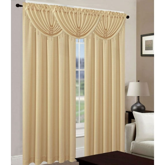 Leah 5 Piece Woven Textured Curtain Set with Beaded Austrian Valances (White)