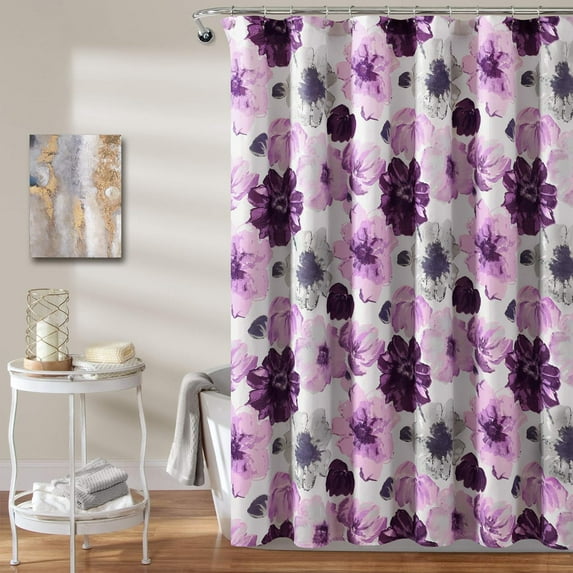Leah Floral Shower Curtain, 72" W x 72" L, Purple & Gray - Pretty Purple Shower Curtain - Spring Decor - Colorful Blooming Flowers - Country Cottage & Farmhouse Bathroom Decor