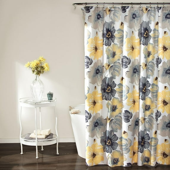 Leah Floral Shower Curtain, 72" W x 72" L, Yellow & Gray - Pretty Yellow Shower Curtain - Spring Decor - Colorful Blooming Flowers - Country Cottage & Farmhouse Bathroom Decor