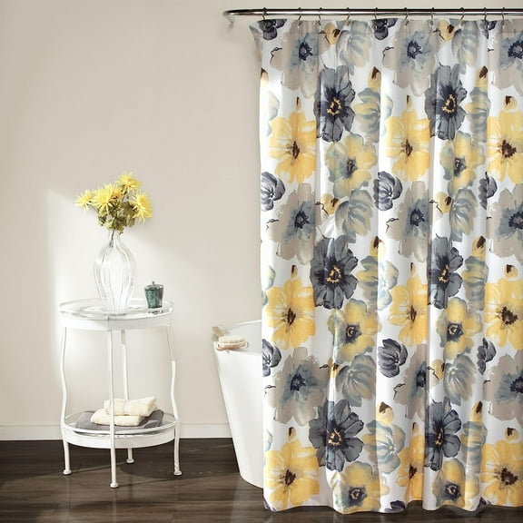 Leah Floral Shower Curtain, 72" W x 84" L, Yellow & Gray - Pretty Yellow Shower Curtain - Colorful Blooming Flowers - Extra Long Shower Curtain - Country Cottage & Farmhouse Bathroom Decor