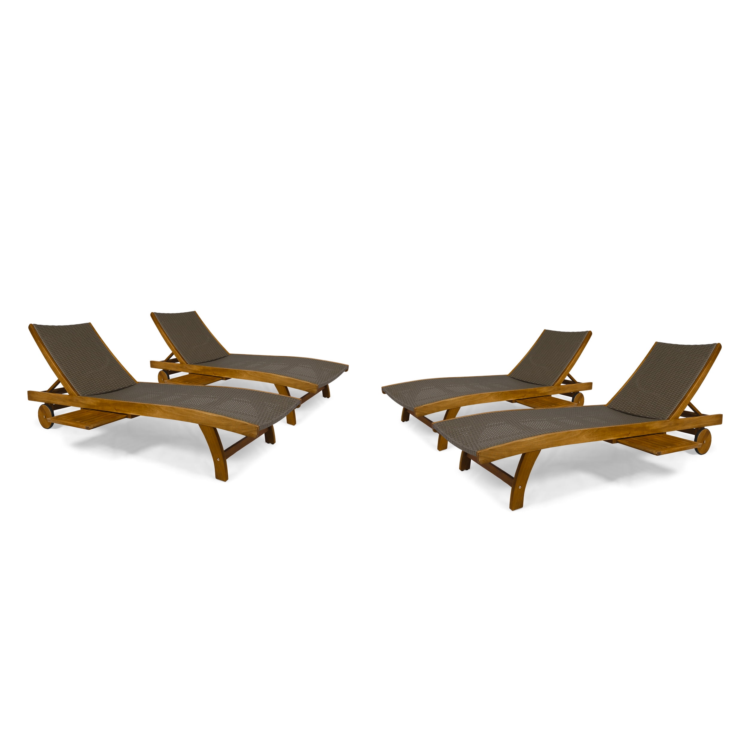 Teak and Brown Wicker Chaise Lounger with Pull-Out Tray, Set of 4