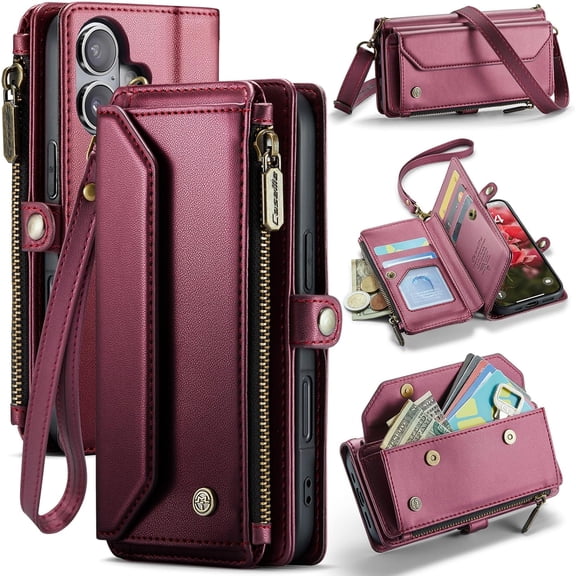 Leaher Case for iPhone 17 Case, Women Men Multi-Function Wallet Case with Stand RFID Blocking Featuring Magnetic Closure Zipper Includes Shoulder Strap Wrist Strap