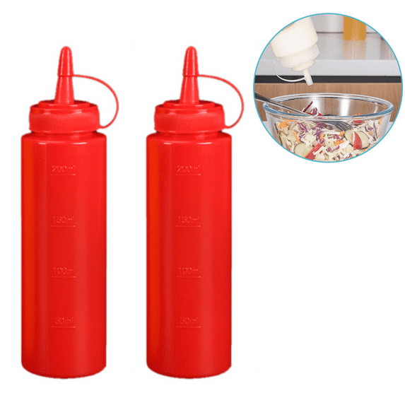 Leak-Free Set Of 2 Durable Clear Food Dispenser Squeeze Squirt Bottle Griddle Accessory With Cap For Sauces, Oil, Condiments