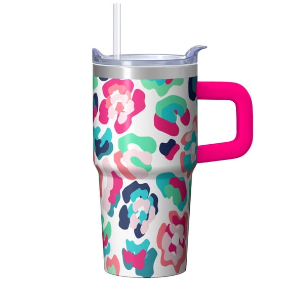 Leak Proof 20oz Double Wall Insulated Tumbler with Handle, Geometric Stainless Steel Travel Coffee Mug Includes Straw