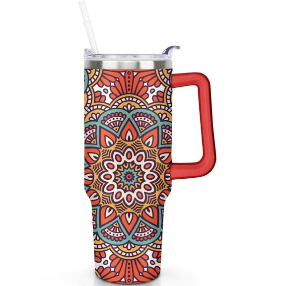 Leak Proof 40oz Boho Mandala Travel Tumbler with Handle, Flip Straw Lid and Straw – Vacuum Insulated Stainless Steel Mug Gift