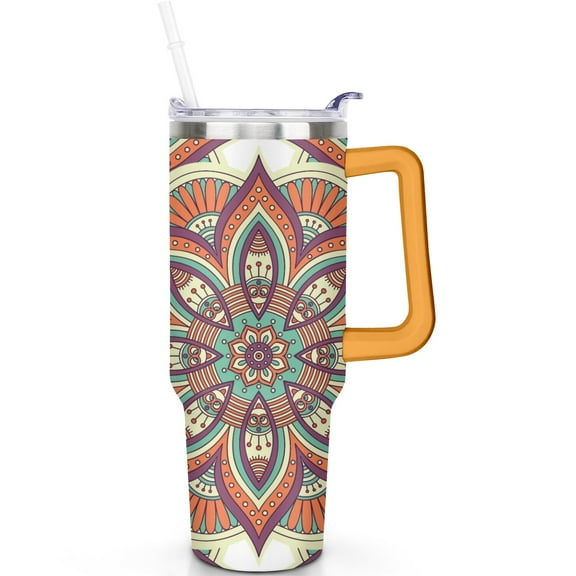 Leak Proof 40oz Boho Mandala Travel Tumbler with Handle, Flip Straw Lid and Straw – Vacuum Insulated Stainless Steel Mug Gift