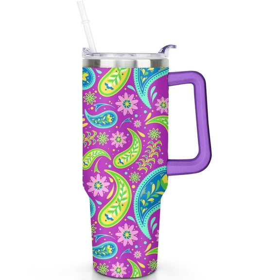 Leak Proof 40oz Paisley Stainless Steel Travel Tumbler with Handle, Vacuum Insulated Flip Straw Lid Mug Gift for Men Women