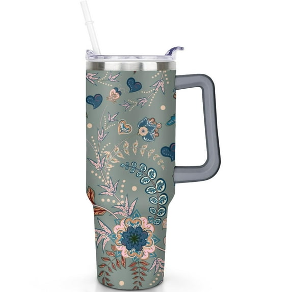 Leak Proof 40oz Paisley Travel Tumbler with Handle and Flip Straw Lid, Vacuum Insulated Stainless Steel Mug Gift for Men Women