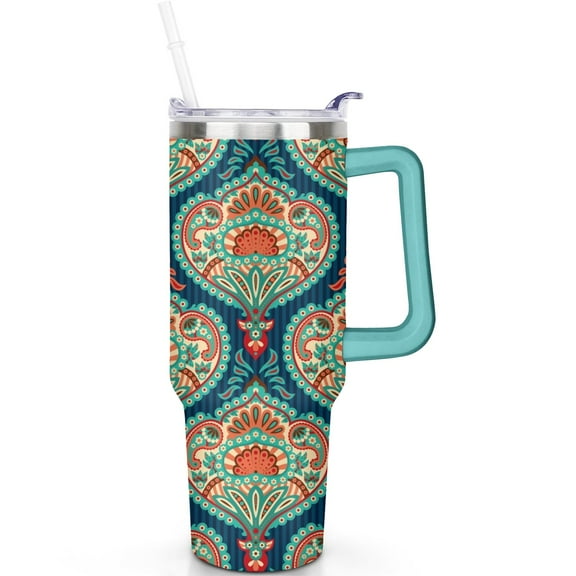 Leak Proof 40oz Paisley Tumbler Hot Cold Preservation, Vacuum Insulated Stainless Steel Travel Mug with Handle and Flip Straw Lid