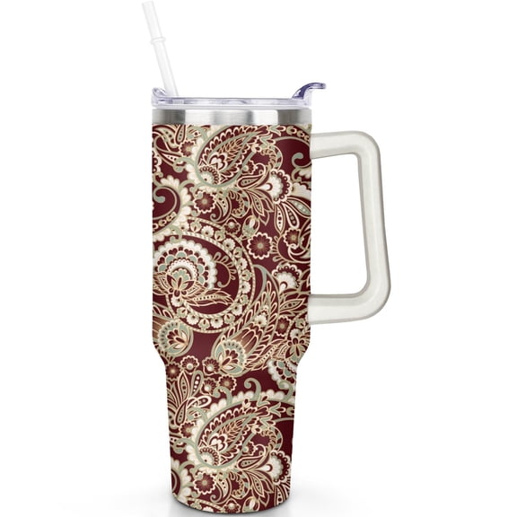 Leak Proof 40oz Paisley Tumbler Hot Cold Preservation with Handle, Vacuum Insulated Stainless Steel Travel Mug with Flip Straw Lid